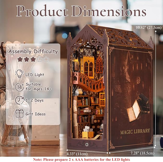 TuKIIE DIY Book Nook Miniature Kit, Booknook Dollhouse Bookshelf Insert with Sensor Light & Dust Proof, Wooden Decorative Bookend Stand Model Kits for Kids Teens Adults(Magic Library)