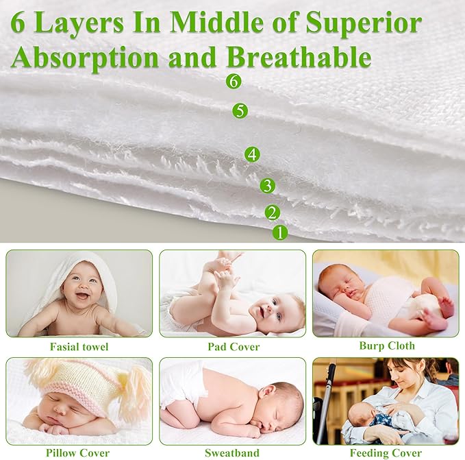 Cotton Prefold Cloth Diapers -Fasoar 6 Ply Baby Washable Cloth Diaper Covers for Babies to Toddlers Multi-Use (19.5''-14'', Count, 10)
