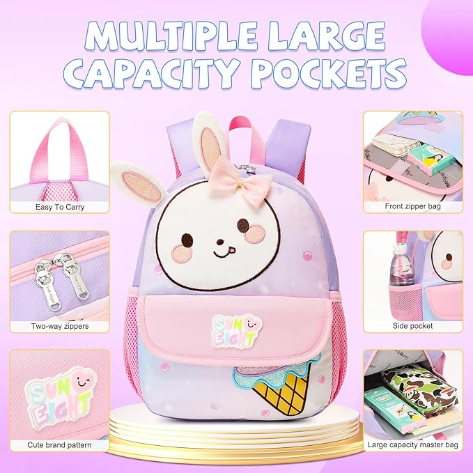 Toddler Backpack for 1-3 Year Old Girls & Boys Waterproof 3D Animal Cartoon Rabbit Design Kids Travel Backpack Lightweight Preschool Daycare Bag with Adjustable Straps(Little White Rabbit)