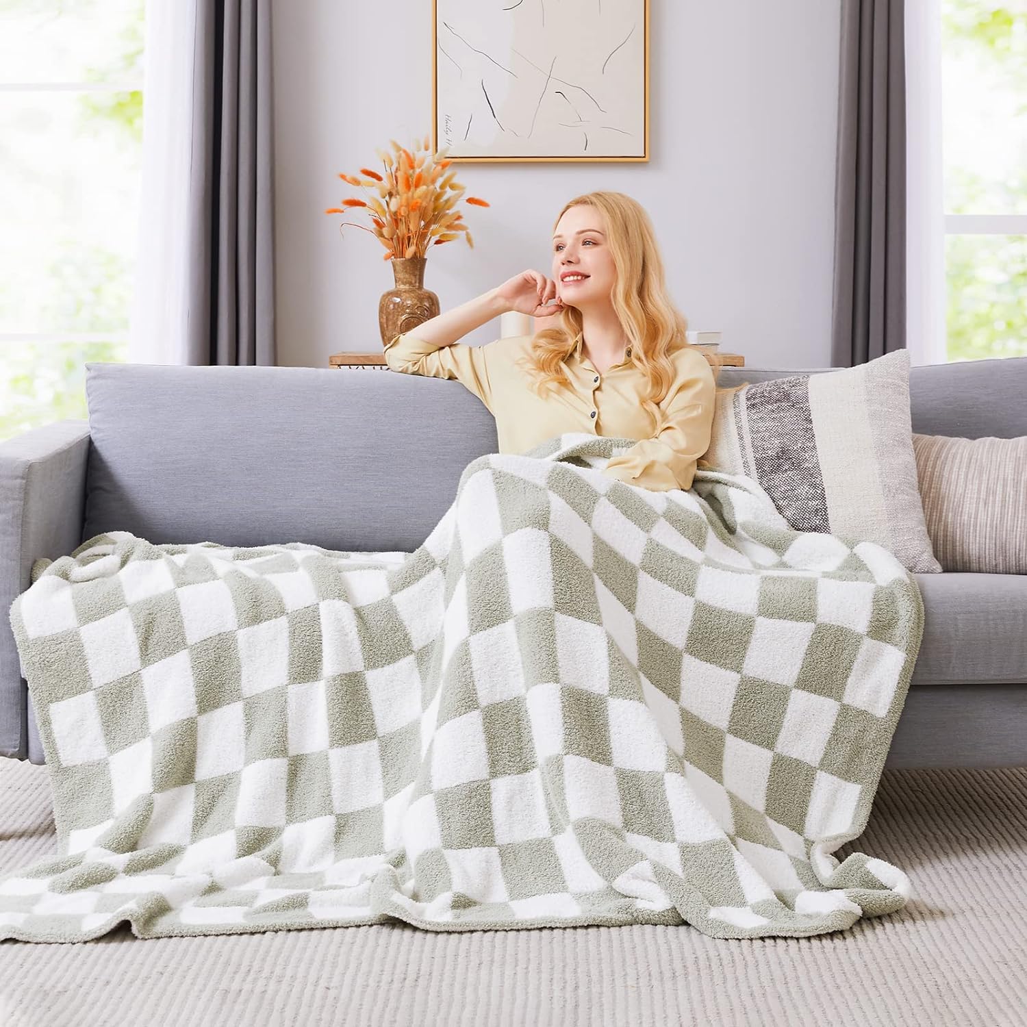 WRENSONGE Checkered Throw Blanket, Sage Green Soft Cozy Fluffy Warm Hand Made Throw Blankets for Couch, Sofa, Chair, Bed, Camping, Picnic, Travel Lightweight Bed Blanket - 60"*80"