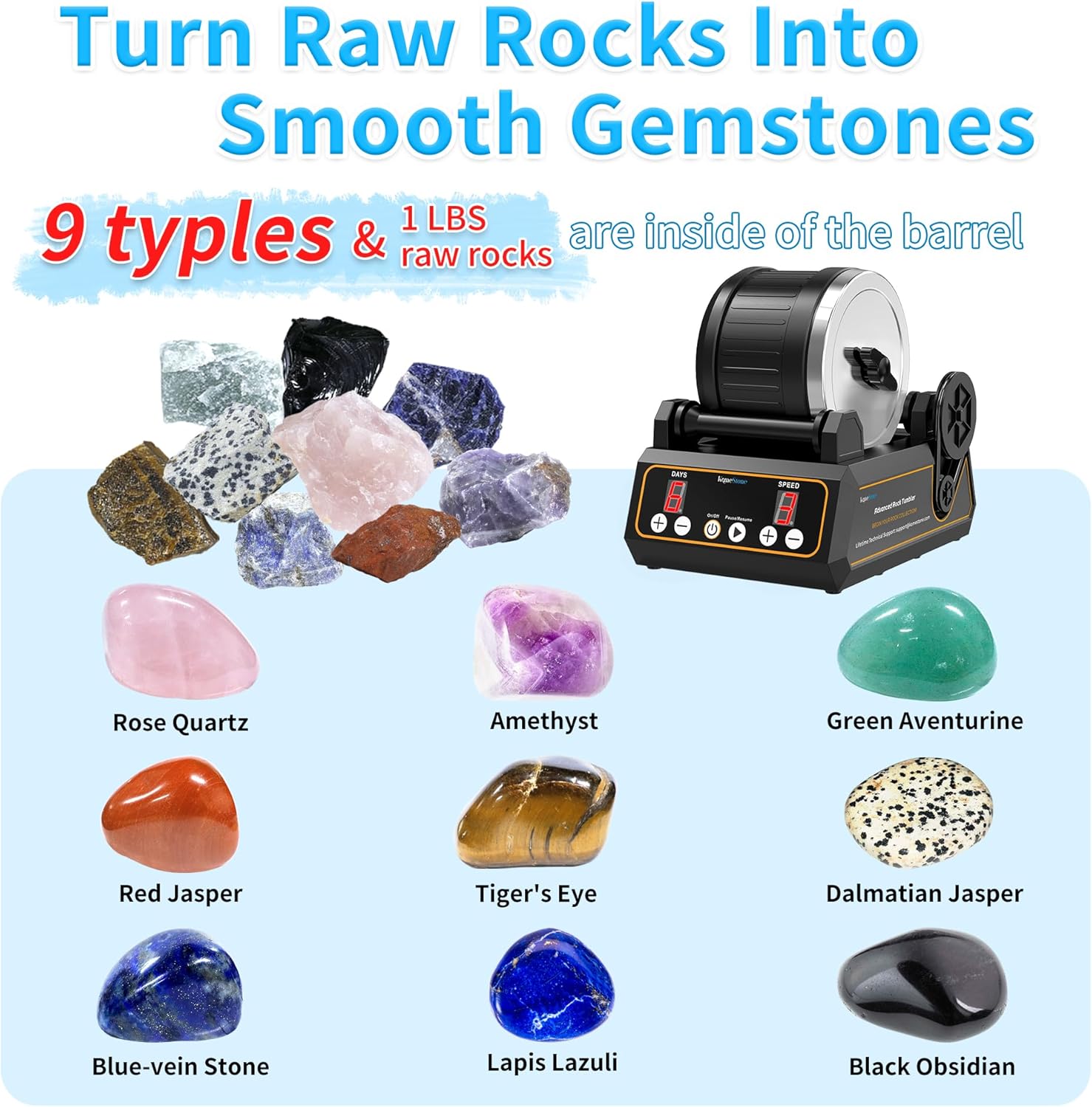 Rock Tumbler Kit, K1 Professional Large 2.5LB Capacity Edition - Memory Function, Digital Timer & Variable Speeds: Create Stunning Gems Full Accessories Included