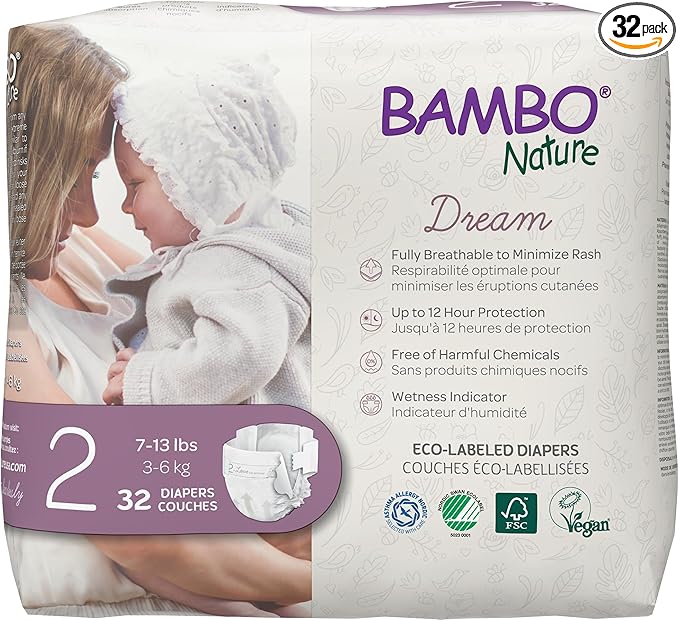 Bambo Nature Hypoallergenic Baby Diapers, Eco-Labelled Sustainable Diapers, Enhanced Leakage Protection, Totally Chlorine-free, Skin Friendly, and Super Absorbent - Size 2 (32 Count)