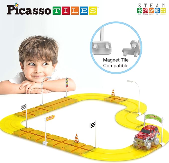 PicassoTiles Magnet Tile Compatible Building Race Track Kit Traffic Sign Accessory Stabilizers with Sticker Set STEM Educational Magnets Toddler Racecourse Structure Blocks Add On Ages 3+ PTR01