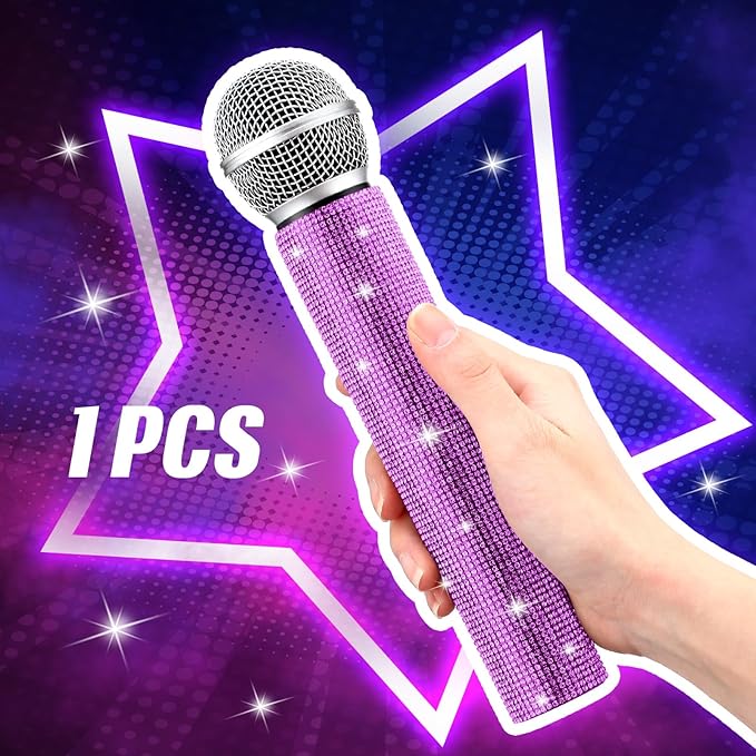 Sanwuta Fake Microphone Prop Sparkly Bling Rhinestones Plastic Play Microphone Pretend Glitter Bedazzled Mic for Cosplay Party Costume(Purple)