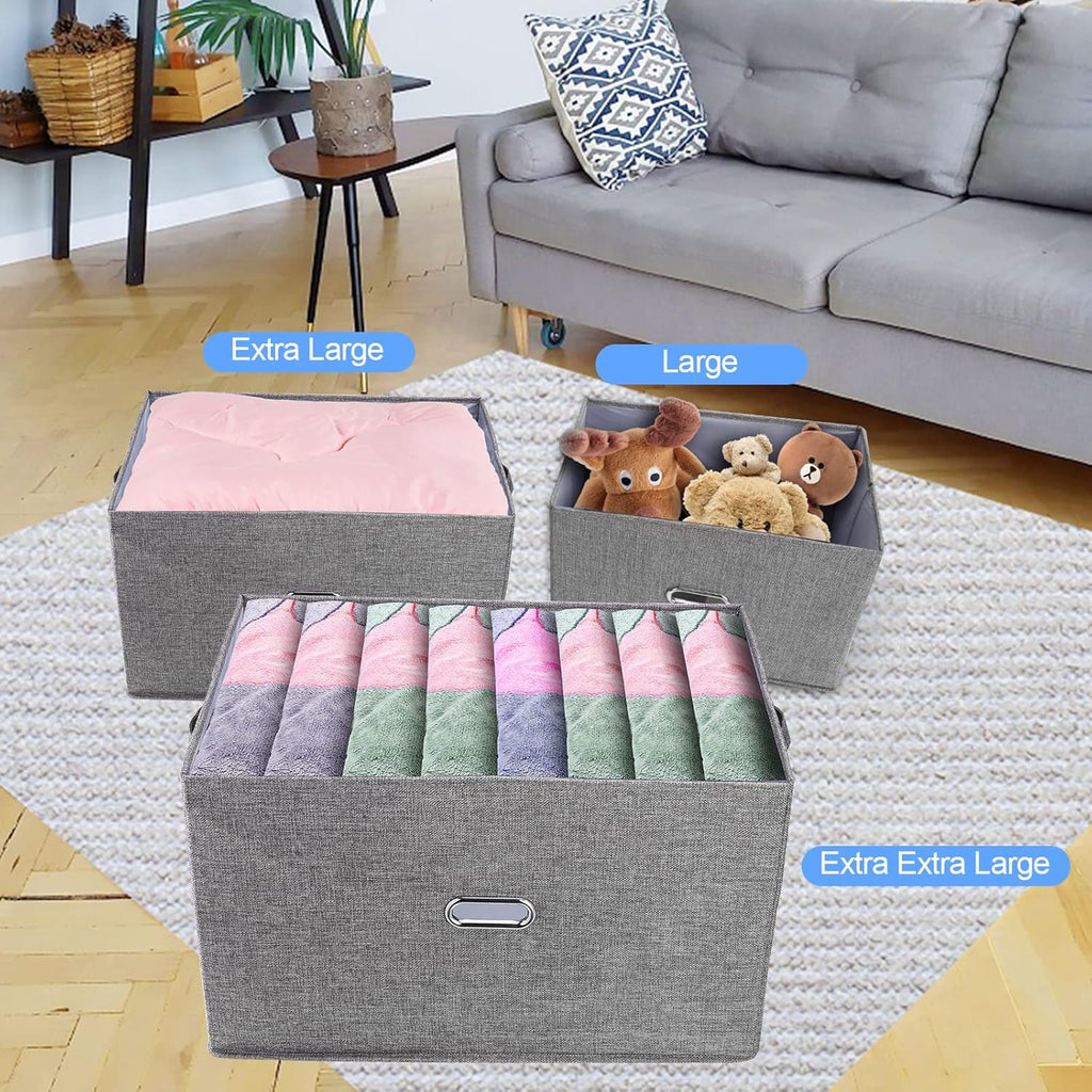 Large Linen Fabric Foldable Storage Bins with Removable Lid and Handles, Washable Storage Box Organizer Containers Baskets Cube with Cover for Bedroom,Office(Black, XXL)