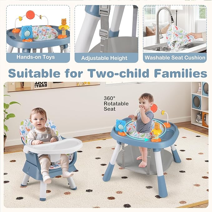 KOTEK 16 in 1 Convertible High Chair, Baby Highchair & Activity Center with Toys, Booster Seat, Building Block Table, Toddler Chair with 5-Point Harness, Removable Tray & Cushion (Blue)