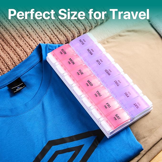 Sukuos AM PM Weekly Pill Organizer 7 Day, 2 Times A Day Medicine Pill Box with Easy Push Button, BPA Free Vitamin Cases for Fish Oil/Supplements, Easy to Clean (Purple&Pink)