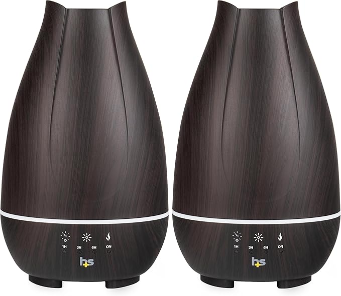 HealthSmart Essential Oil Diffuser, Cool Mist Humidifier and Aromatherapy Diffuser with 500ML Tank Ideal for Large Rooms, Adjustable Timer, Mist Mode and 7 LED Light Colors, Brown (Pack of 2)