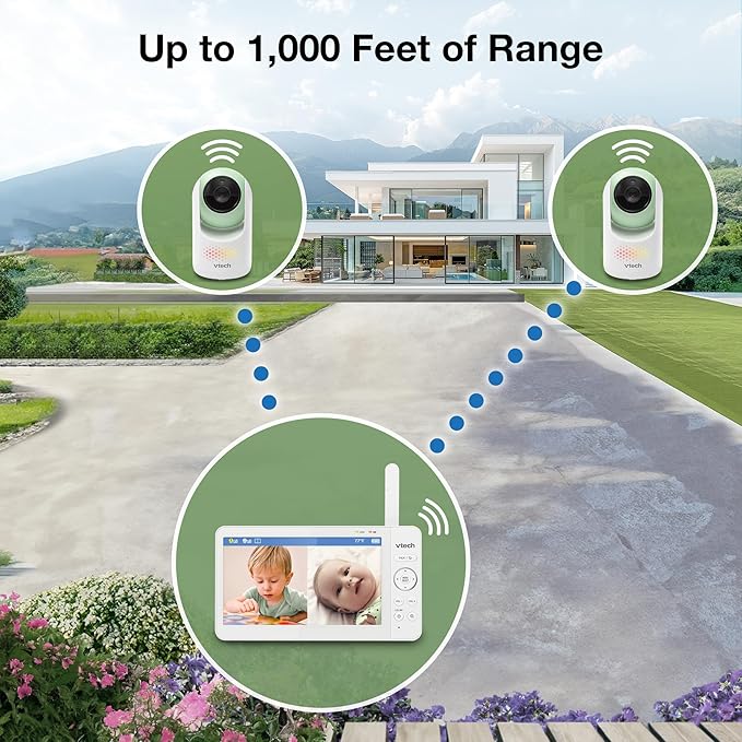 VTech 2-Cameras Video Baby Monitor with 7" Color LCD Screen, Rechargeable Battery, Video and Audio Streaming, Pan-Tilt-Zoom, Touch Multi-Color Night Light, Two-Way Talk: Advanced Max Twin (Green)