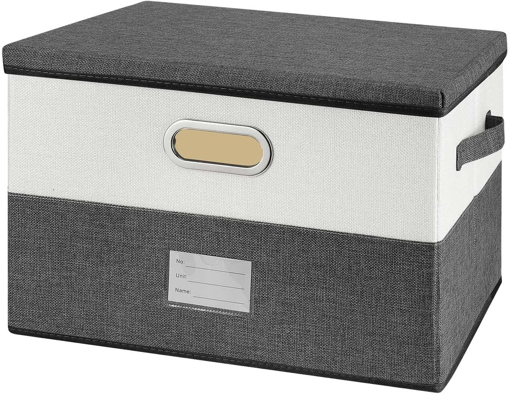Large Linen Fabric Foldable Storage Bins with Removable Lid and Handles, Washable Storage Box Organizer Containers Baskets Cube with Cover for Bedroom,Closet,Office,Nursery(Grey&Cream, Medium)
