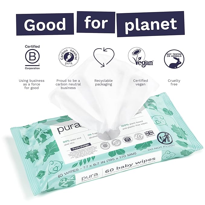 Pura Baby Wipes 3 x 60 per pack (180 Wipes) 100% Plastic-Free & Plant Based Wipes, 99% Water, Suitable for Sensitive & Eczema-prone Skin, Fragrance Free & Hypoallergenic, EWG, Cruelty Free (Pack of 2)