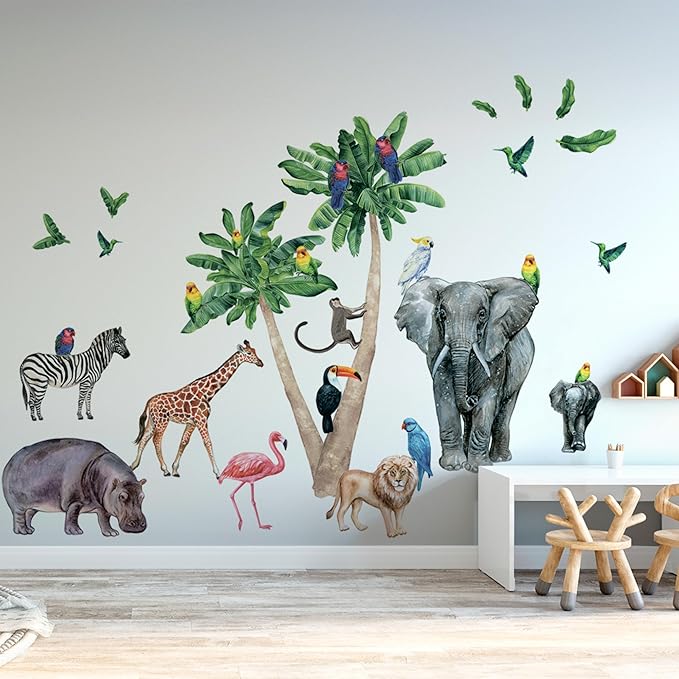 Safari Animal Wall Decals for Kids by Lipastick-Peel and Stick Jungle Stickers Giraffe, Elephant, Hippo, Palm Tree, Parrot for Toddlers Room, Nursery, Playroom, Classroom, Daycare Decor Art- M Size