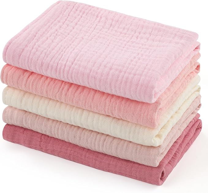 MUKIN Baby Washcloths,Muslin Burp Cloths Towels for Newborns,Absorbent Cotton Bath Face Towel ，5 Pack, 12x12 Inches (Rosy Embrace)