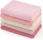 MUKIN Baby Washcloths,Muslin Burp Cloths Towels for Newborns,Absorbent Cotton Bath Face Towel ，5 Pack, 12x12 Inches (Rosy Embrace)