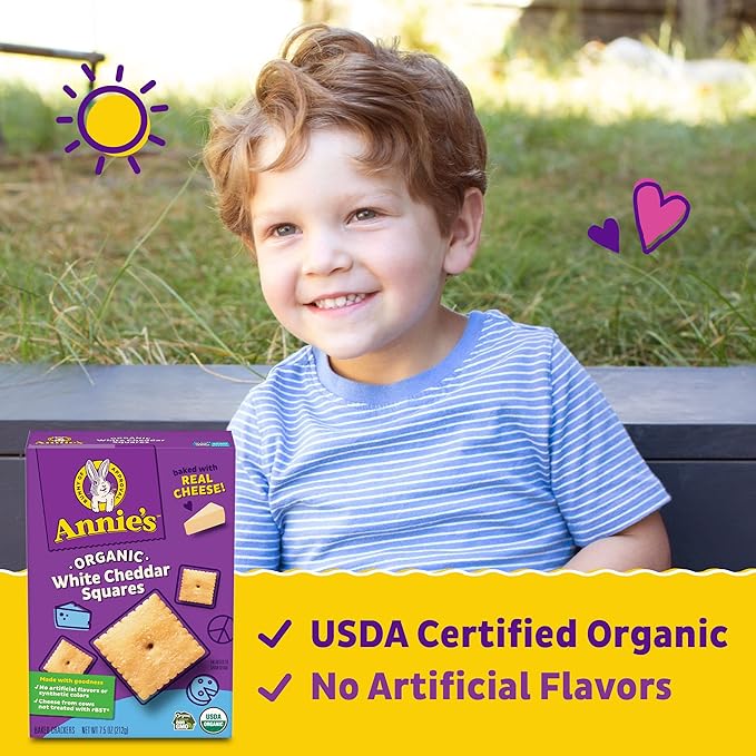 Annie's Organic White Cheddar Squares Baked Snack Crackers, Made with Real Cheese, 7.5 oz