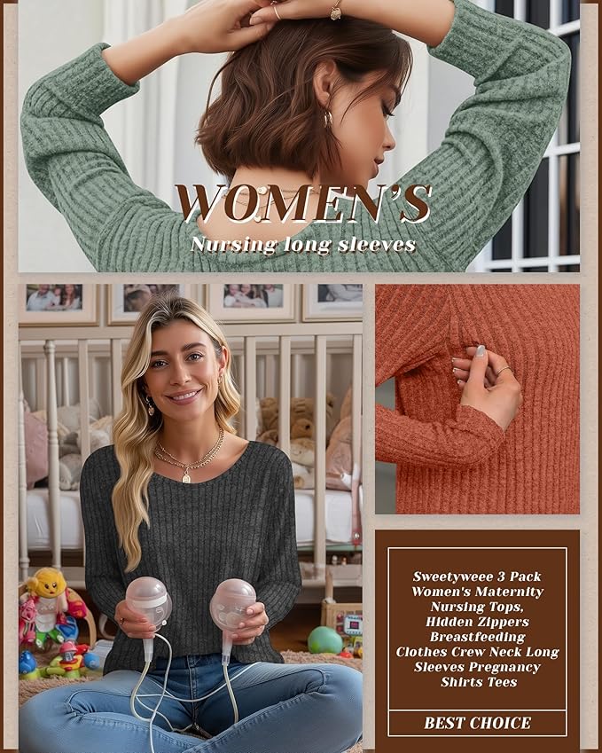 3 Pack Women's Nursing Long Sleeve Tops Breastfeeding Thermal Sweaters with Hidden Zipper Maternity Ribbed Shirts
