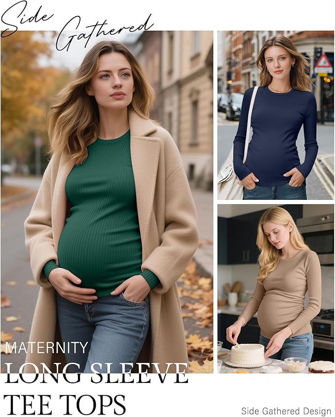 Ficerd 4 Pack Women's Maternity Shirts Cotton Long Sleeve Ribbed Crew Neck Pregnancy Tops Side Ruched Casual Mama Clothes