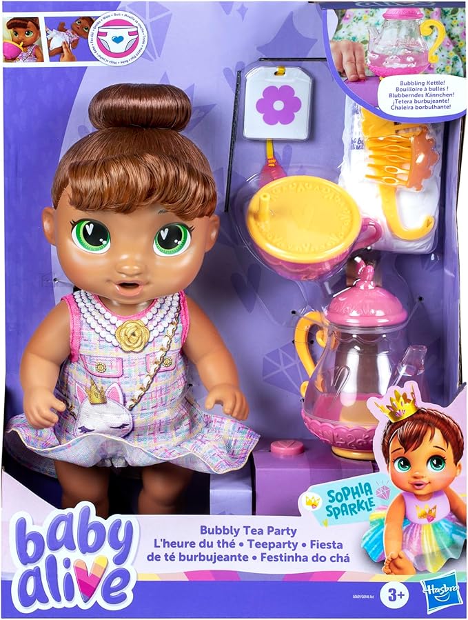 Baby Alive Bubbly Tea Party Sophia Sparkle Doll with Teapot Accessories, Brown Hair, 11 Inches, Toys for 3 Year Old Girls and Boys & Up