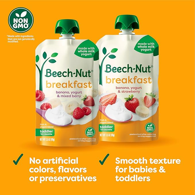 Beech-Nut Toddler Food Breakfast Pouches Variety Pack, NEW Breakfast Favorites Fruit & Yogurt Purees Variety Pack, 3.5 oz (18 Pack)