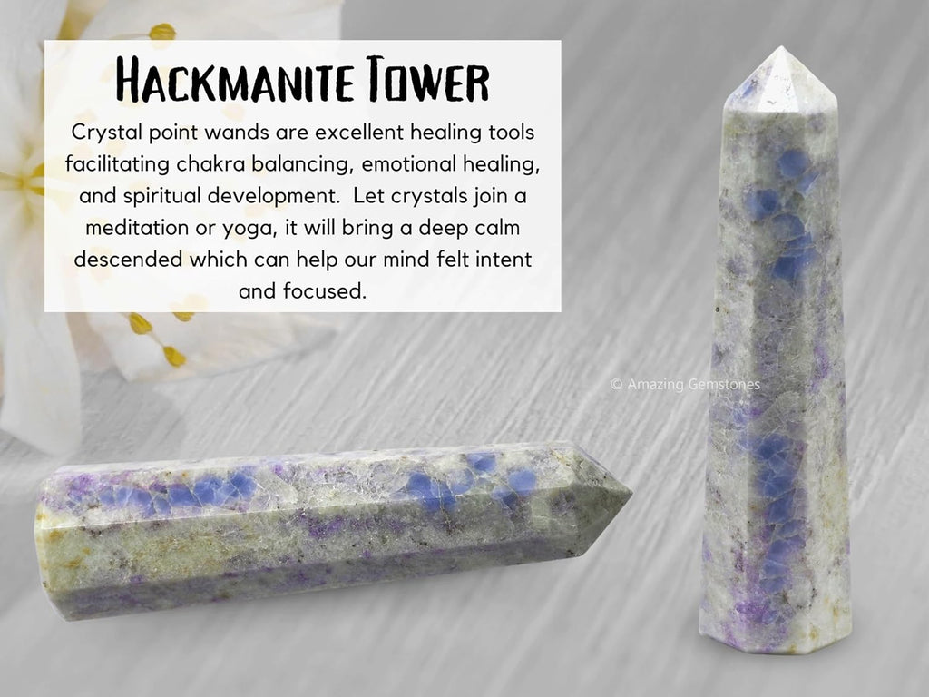 Amazing Gemstone Hackmanite Fluorescent Sodalite Crystal Towers - Natural Healing Crystal Point Obelisk for Reiki Healing and Crystal Grid (3 Inch)