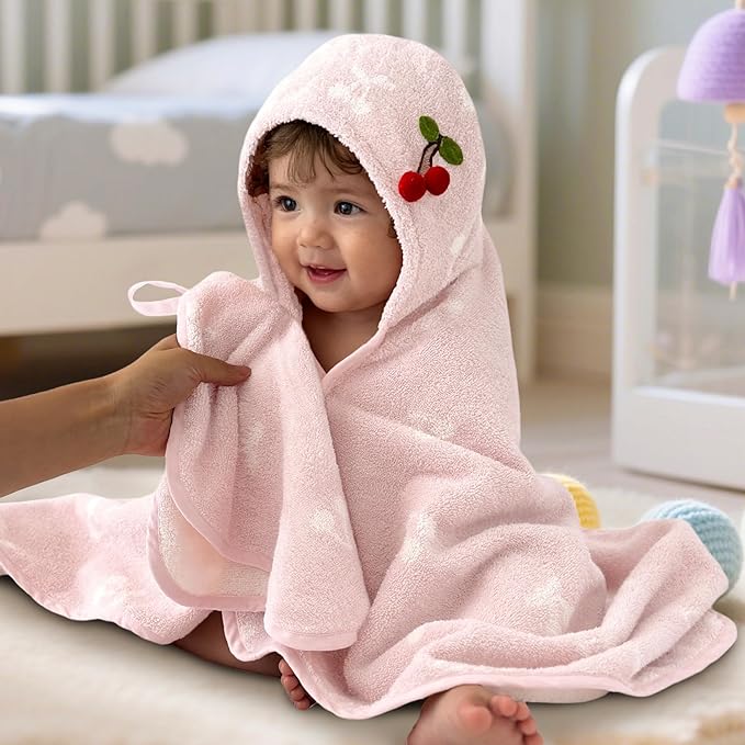 VOOVA & MOVAS Thick Baby Hooded Bath Towel - 100% Cotton,420GSM, 30.5x36 Inches,0-2Years, Super Absorbent Large Towel with Cherry Hood for Newborn,Toddler,Infant, Pink Cherry
