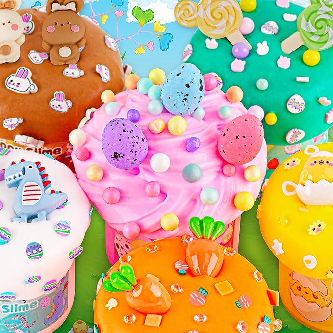 LAWOHO Butter Slime Kit Easter Basket Stuffers - 6 Prefilled Easter Eggs with Butter Slime & Cute Slimes Add-ins, Soft & Non Stick Fluffy Slimes for Birthday Party Favors for Girls & Boys Egg Fillers
