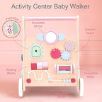 PairPear Wooden Baby Walker Push and Pull Learning Activity Walker, 8-in-1 Montessori Busy Board Push Walker Wooden Activity Center Toys for Boys and Girls 12m+ （Pink Rabbit）