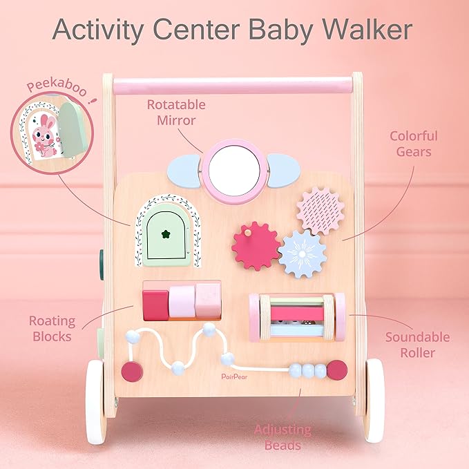 PairPear Wooden Baby Walker Push and Pull Learning Activity Walker, 8-in-1 Montessori Busy Board Push Walker Wooden Activity Center Toys for Boys and Girls 12m+ （Pink Rabbit）