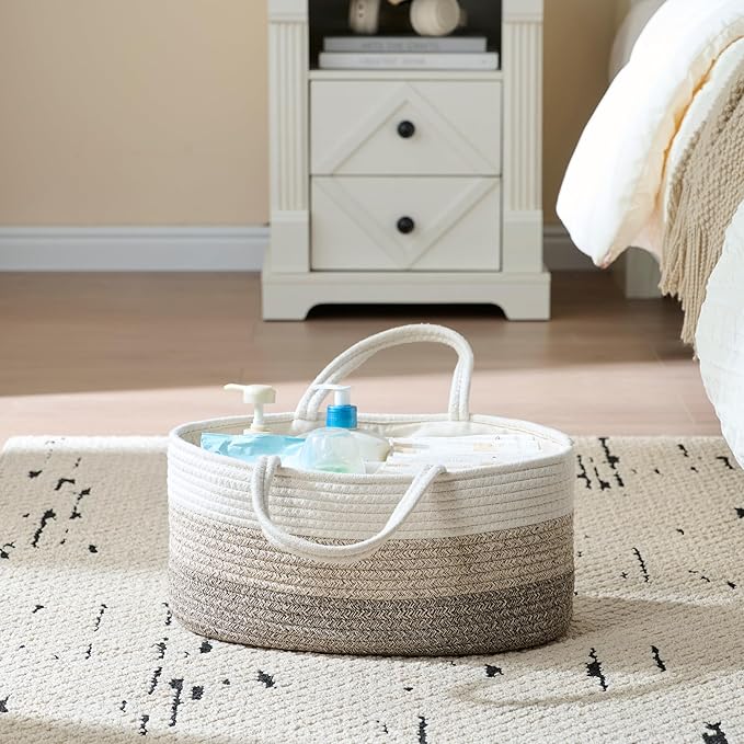 Baby Diaper Caddy Organizer, Extra Large Cotton Rope Nursery Diaper Basket, Changing Table Organizer, Portable Tote Bag with Divider, Car Storage, Baby Shower Gifts for Newborn Girls - Gradient Brown