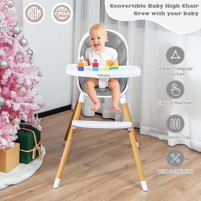 BABY JOY Convertible Baby High Chair, 3 in 1 Highchair w/Adjustable Legs, Dishwasher Safe Tray, Detachable PU Cushion, Footrest, 5-Point Harness for Babies Infants Toddlers (Gray)