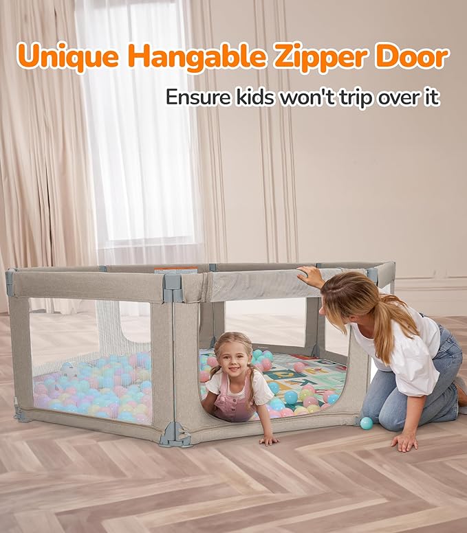 Dripex Foldable Playpen for Babies and Toddlers, 71"×69" Extra Large Baby Playpen, Indoor & Outdoor Safety Gate Collapsible Play Pen, Baby Fence Play Area with Visible Mesh, Khaki
