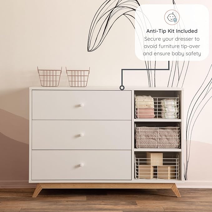 dadada Central Park 3-Drawer Dresser with Open Shelving - Modern Design, Baby-Safe Finish, Forged Steel Support, Sturdy Wood Legs, for Nursery, Kids or Teen Room, 47” Wide (White+Natural)