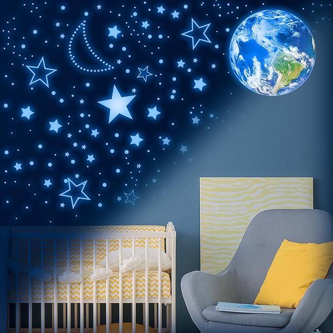 965 PCS Glow in The Dark Stars and Earth for Ceiling, Luminous Stars and Planet Wall Decals, Kids Room Decor, Glowing Galaxy Wall Stickers for Nursery Decorations (Blue)