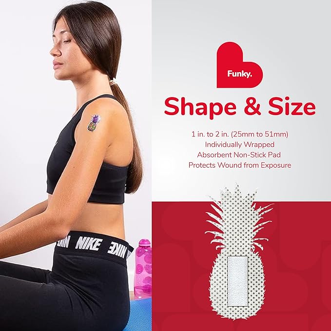 BioSwiss Bandages, Funky Pineapple Shaped Self Adhesive Bandage, Latex Free Sterile Wound Care, Fun First Aid Kit Supplies for Kids, 24 Count