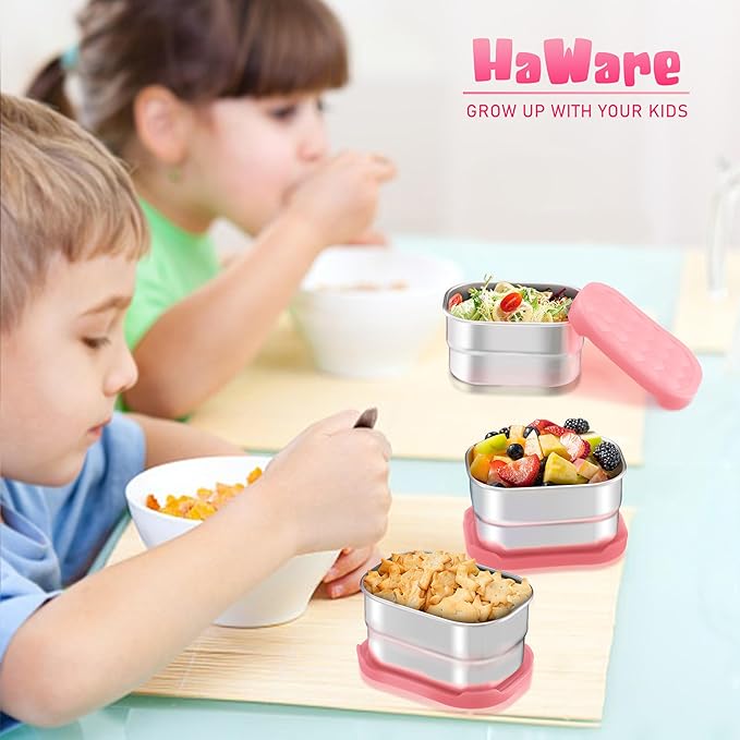HaWare Stainless Steel Snack Containers for Toddlers and Kids, 8 oz Leak Proof Food Storage Containers with Silicone Lids, Stackable & Reusable Small Metal Lunch Box for Daycare and School- 3 Packs