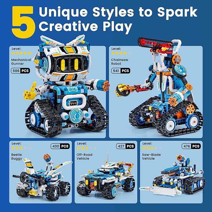5 in 1 RC Robot Building Kit, APP & Remote Control Robotics Kit, Science Project Kit & STEM Toys for Ages 8-13, Gifts for 8 Year Old Boys Girls