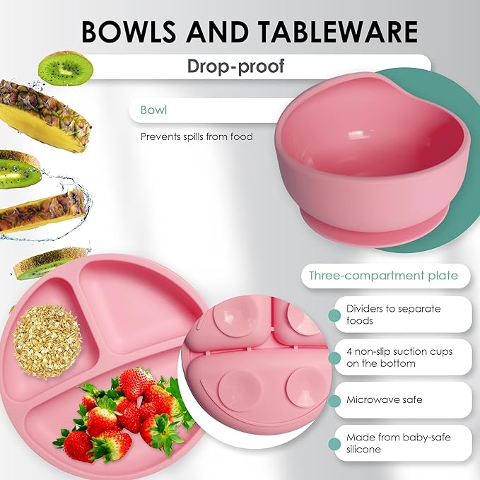 Bluet B - Silicone Baby Feeding Set - Baby Led Weaning Supplies - Baby Spoons, Suction Bowl - Plate - Baby Utensils - Silicone Feeding Set for Baby First Foods, Infant Eating - 8pcs - Pink