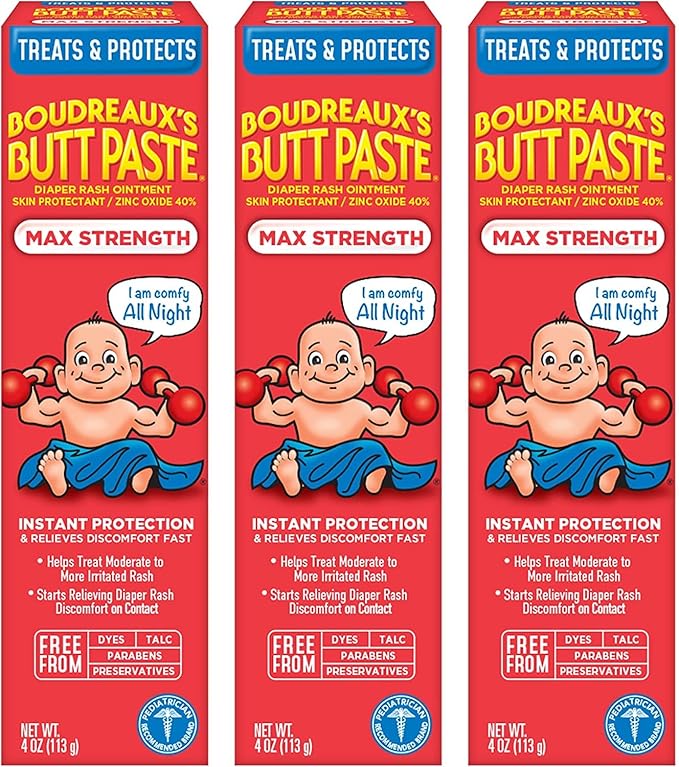 Boudreaux’s Butt Paste Max Strength Diaper Rash Cream for Baby, Ointment With Zinc Oxide, 4 oz Tubes, 3 Pack