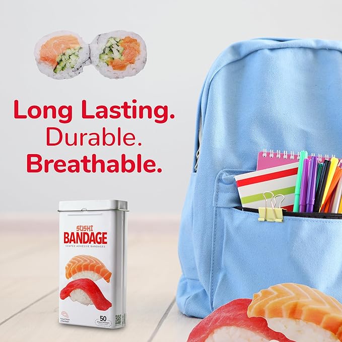 BioSwiss Bandages, Sushi Shaped Self Adhesive Bandage, Latex Free Sterile Wound Care, Fun First Aid Kit Supplies for Kids, 50 Count