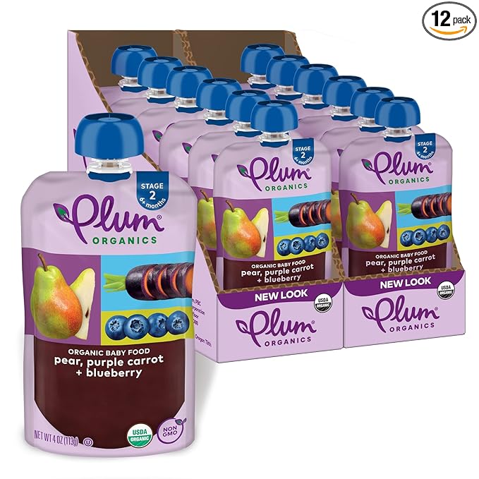 Plum Organics Stage 2 Organic Baby Food - Pear, Purple Carrot, and Blueberry - 4 oz Pouch (Pack of 12) - Organic Fruit and Vegetable Baby Food Pouch