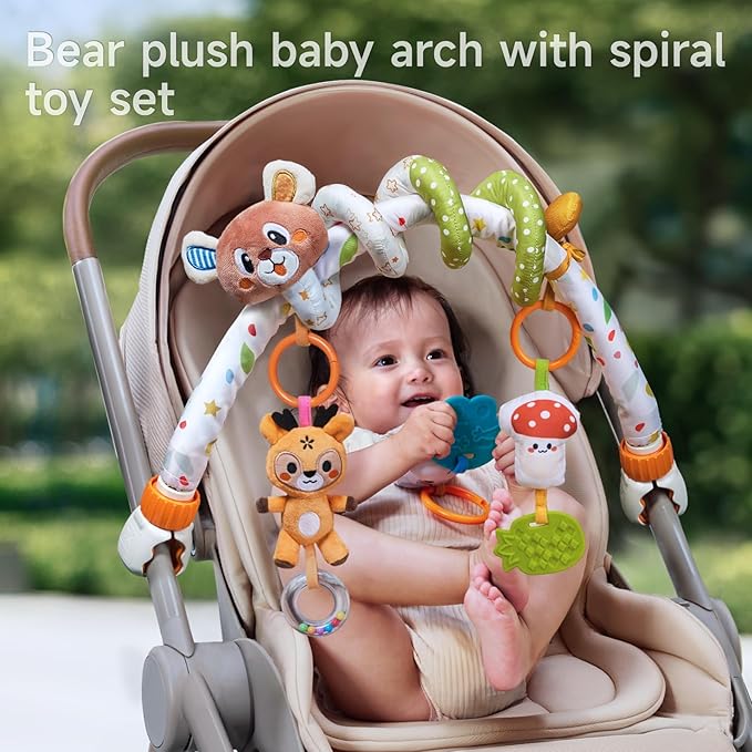 TUMAMA Baby Activity Arch with Bear Spiral Toy, Clips Adjustable and Detachable Sensory Stimulating Hanging Toys Baby Toys 0-3 3-6 Months, Newborn Strollers Bassinets Crib Carseat Toy