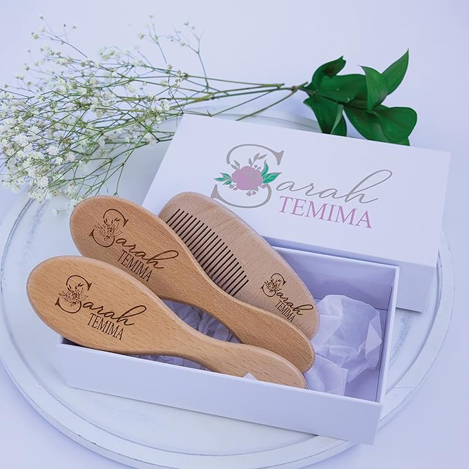 Personalized Wooden Baby Brush Set Girl | Wooden Baby Brush and Comb Set| Personalized Baby Gift | Personalized Baby Gift Girls | Floral Initial New Born Baby Gift