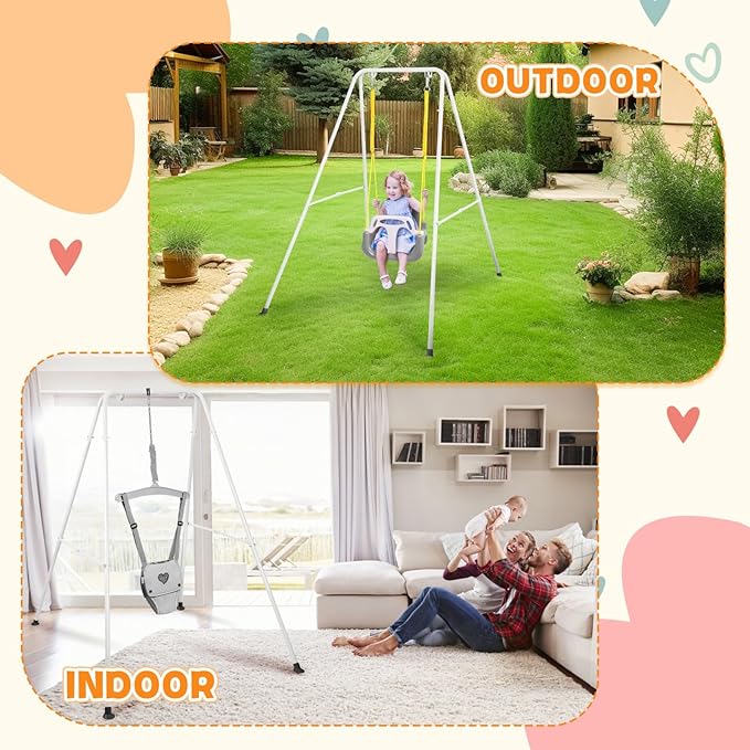 4-in-1 Toddler Swing Set & Baby Jumper and Bouncer for Toddlers, Foldable Baby Swing Stand for Outdoor Indoor Play, Easy to Assemble and Store for Ages 6 Months to 10 Years Old (White)