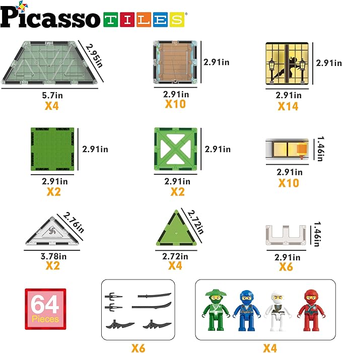 PicassoTiles Magnet Tile Building Blocks Ninja Dojo House Theme STEM Playset with 4 Character Action Figure Ninjas Weapon Accessories Magnetic Tiles Educational Toy Pretend Play Toddlers Ages 3+ PTQ07