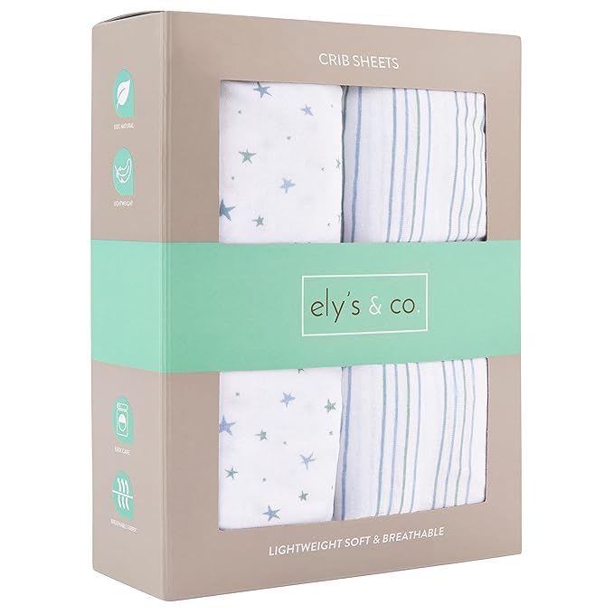 Ely’s & Co. Crib Sheets, Baby Boy Fitted Crib Mattress Sheet Set, 2 Pack, 100% Jersey Knit Cotton, Infant and Toddler Nursery Bedding, Blue Stars + Stripes Print, 28” x 52”