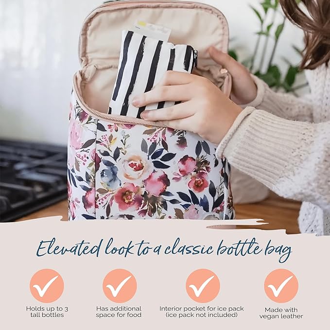 Itzy Ritzy Insulated Bottle Bag – Keeps Bottles Warm or Cool - Holds 3 Bottles & Features Interior Pocket for Ice Pack (Not Included), Blush Floral
