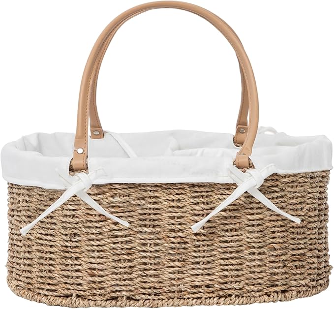 Handwoven Wicker Diaper Caddy Organizer, Multi - functional Baby Diaper Bag for Nursery & Home Storage, Detachable Lining, PU Handles, Baby Registry Must Haves (Seagrass)