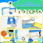 Toddler Basketball Hoop with Adjustable Height, 5 in 1 Toddler Sports Activity Center, Basketball Bowling Baseball Soccer Golf Set, Indoor Outdoor Sports Toy for Baby Birthday Present