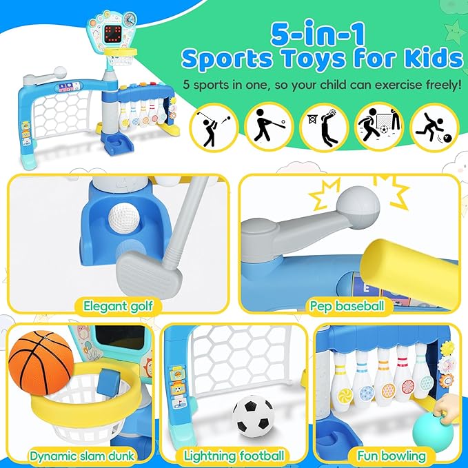 Toddler Basketball Hoop with Adjustable Height, 5 in 1 Toddler Sports Activity Center, Basketball Bowling Baseball Soccer Golf Set, Indoor Outdoor Sports Toy for Baby Birthday Present