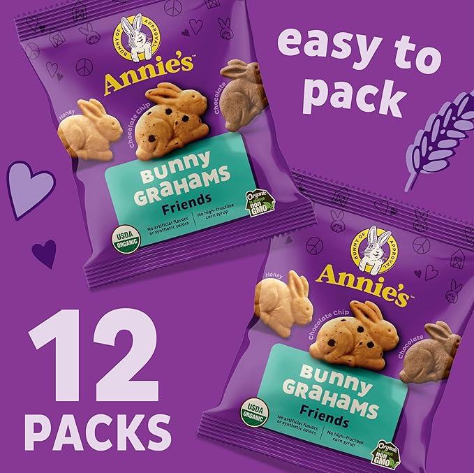 Annie's Organic Friends Bunny Grahams, Chocolate Chip, Chocolate, and Honey Baked Graham Snacks, 12 Pouches, 12 oz (Pack of 2)